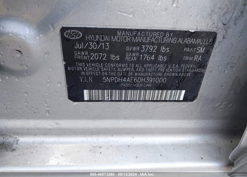 2013 HYUNDAI ELANTRA GLS VIN: 5NPDH4AE6DH391000