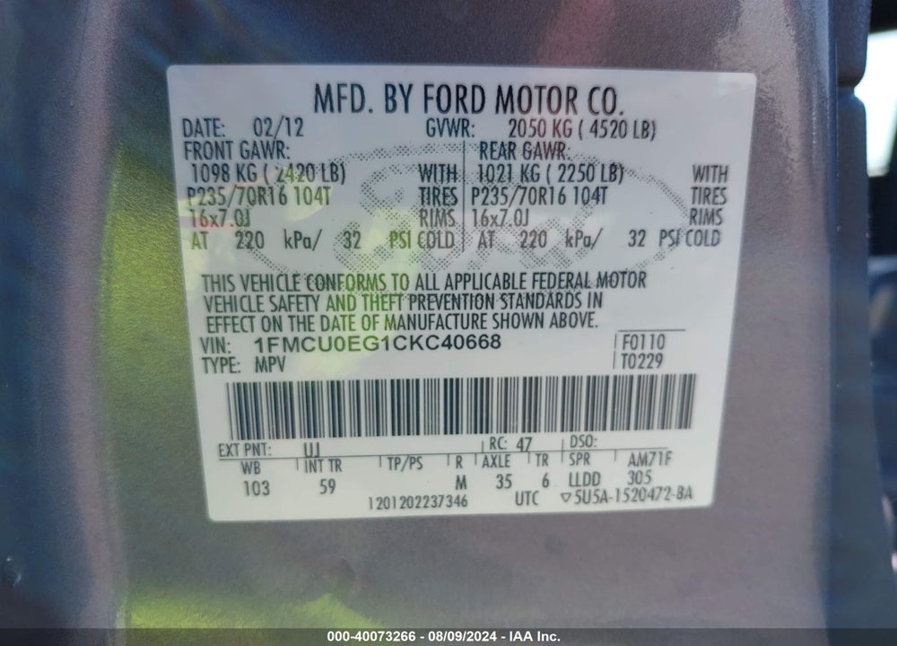 2012 FORD ESCAPE LIMITED VIN: 1FMCU0EG1CKC40668