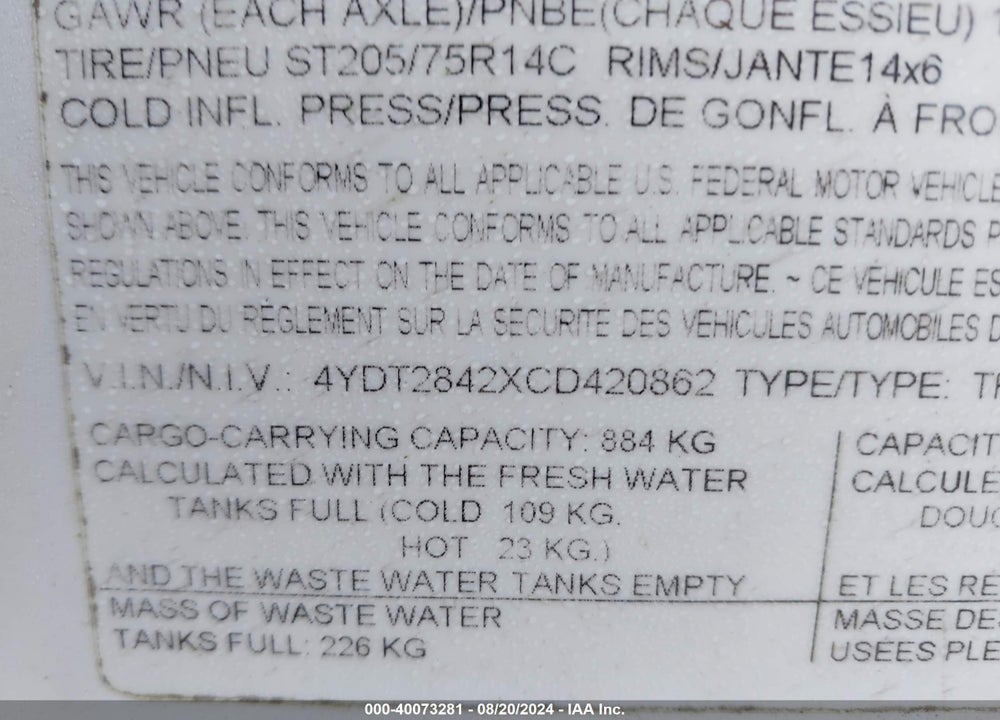 2012 KEYSTONE OTHER VIN: 4YDT2842XCD420862