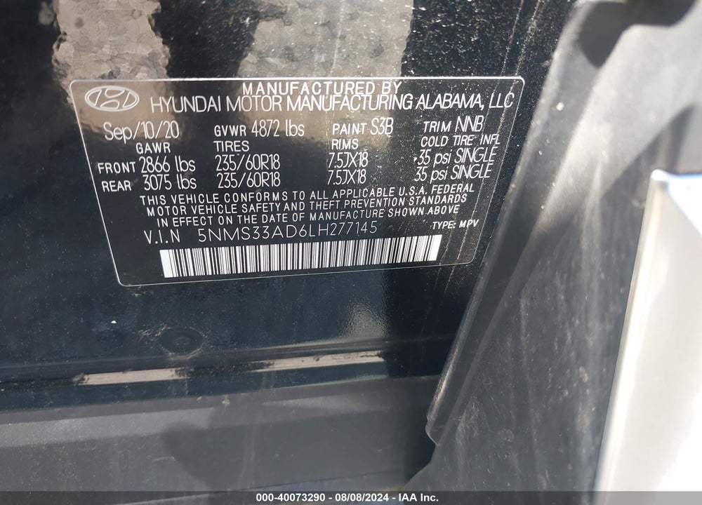2020 HYUNDAI SANTA FE SEL VIN: 5NMS33AD6LH277145