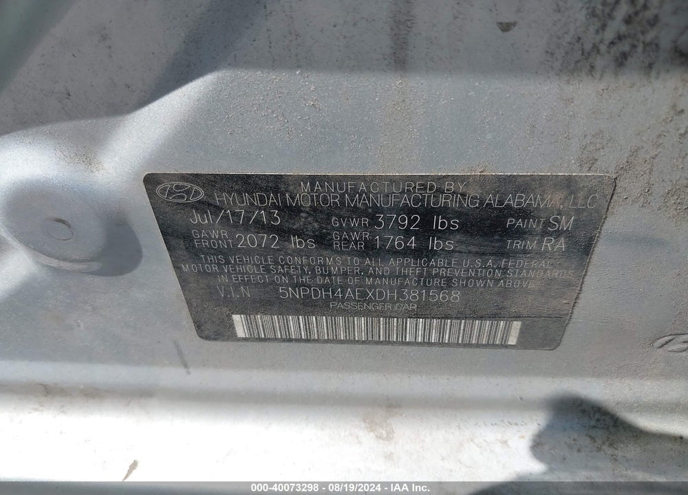 2013 HYUNDAI ELANTRA GLS VIN: 5NPDH4AEXDH381568