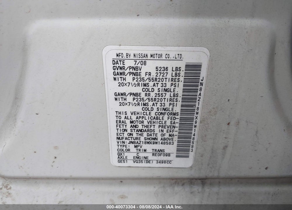 2009 NISSAN MURANO LE VIN: JN8AZ18WX9W148583