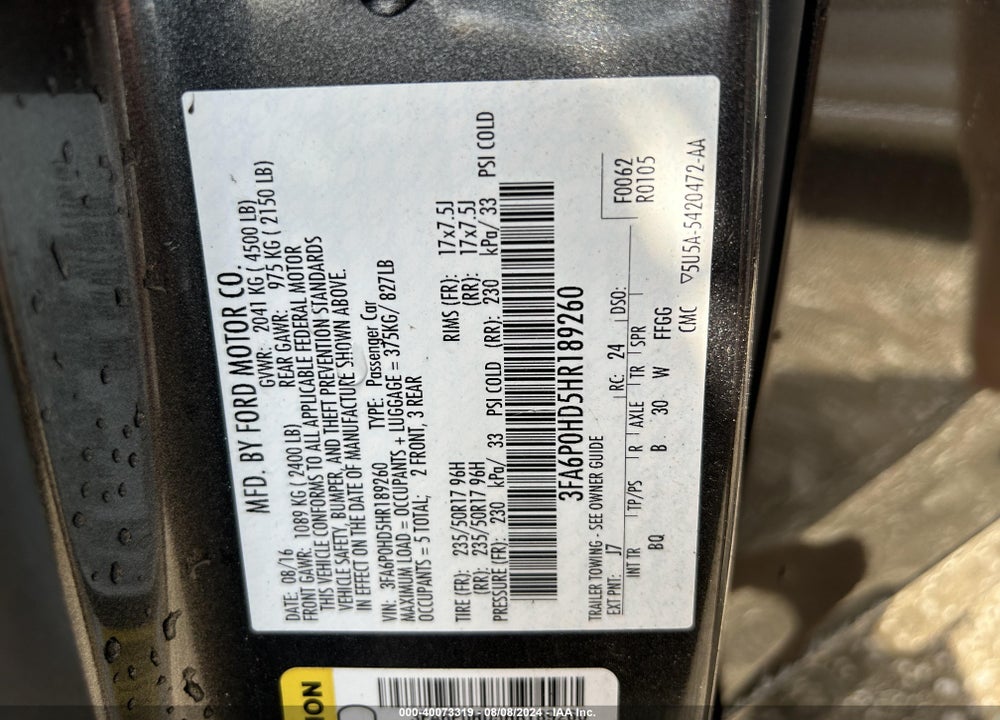 2017 FORD FUSION SE VIN: 3FA6P0HD5HR189260