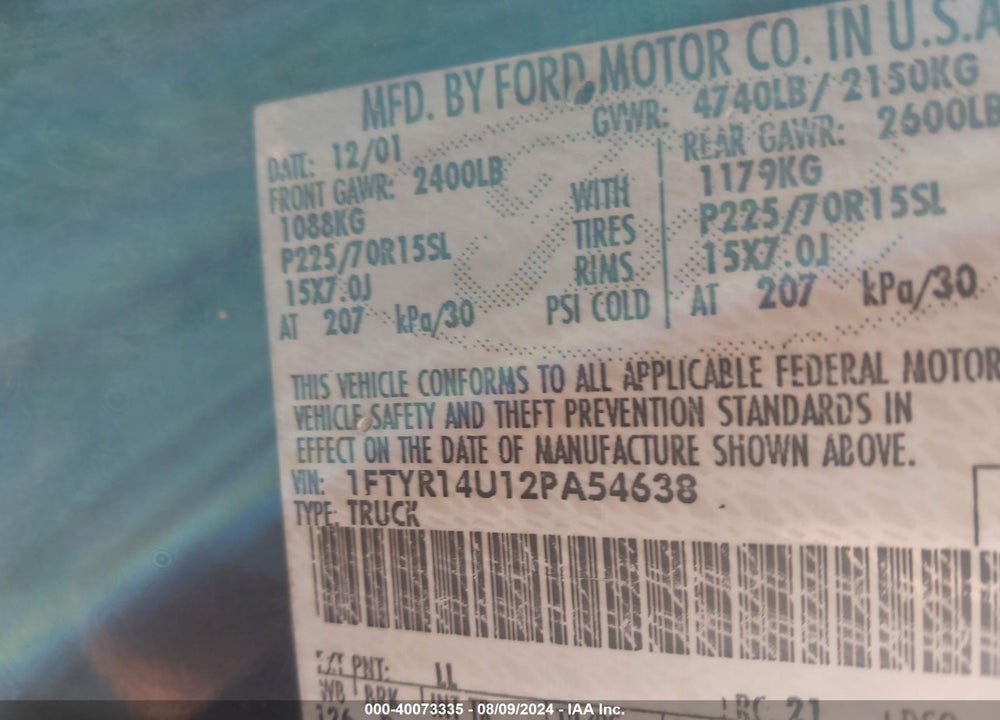 2002 FORD RANGER EDGE/TREMOR/XL/XLT VIN: 1FTYR14U12PA54638
