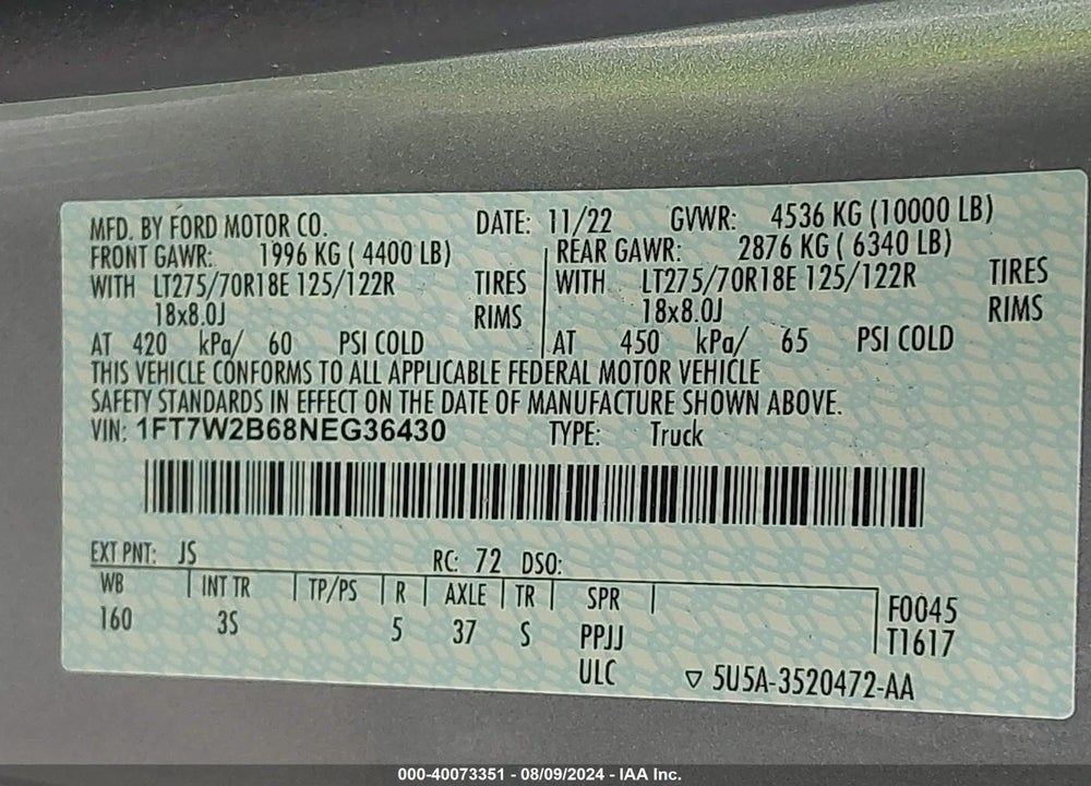 2022 FORD F-250 XLT VIN: 1FT7W2B68NEG36430