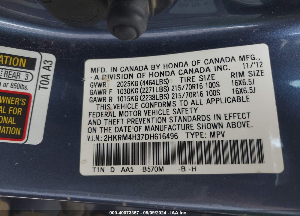 2013 HONDA CR-V LX VIN: 2HKRM4H37DH616496
