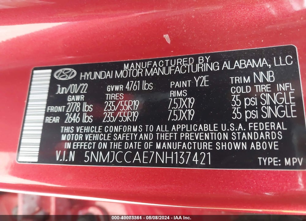 2022 HYUNDAI TUCSON SEL VIN: 5NMJCCAE7NH137421