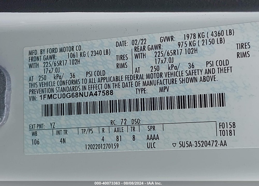 2022 FORD ESCAPE SE VIN: 1FMCU0G68NUA47588