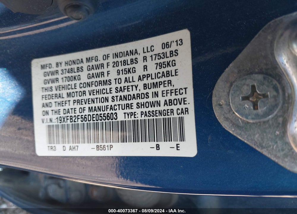 2013 HONDA CIVIC LX VIN: 19XFB2F56DE055603