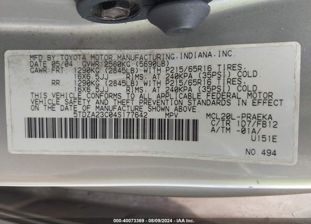 2004 TOYOTA SIENNA LE VIN: 5TDZA23C04S177642