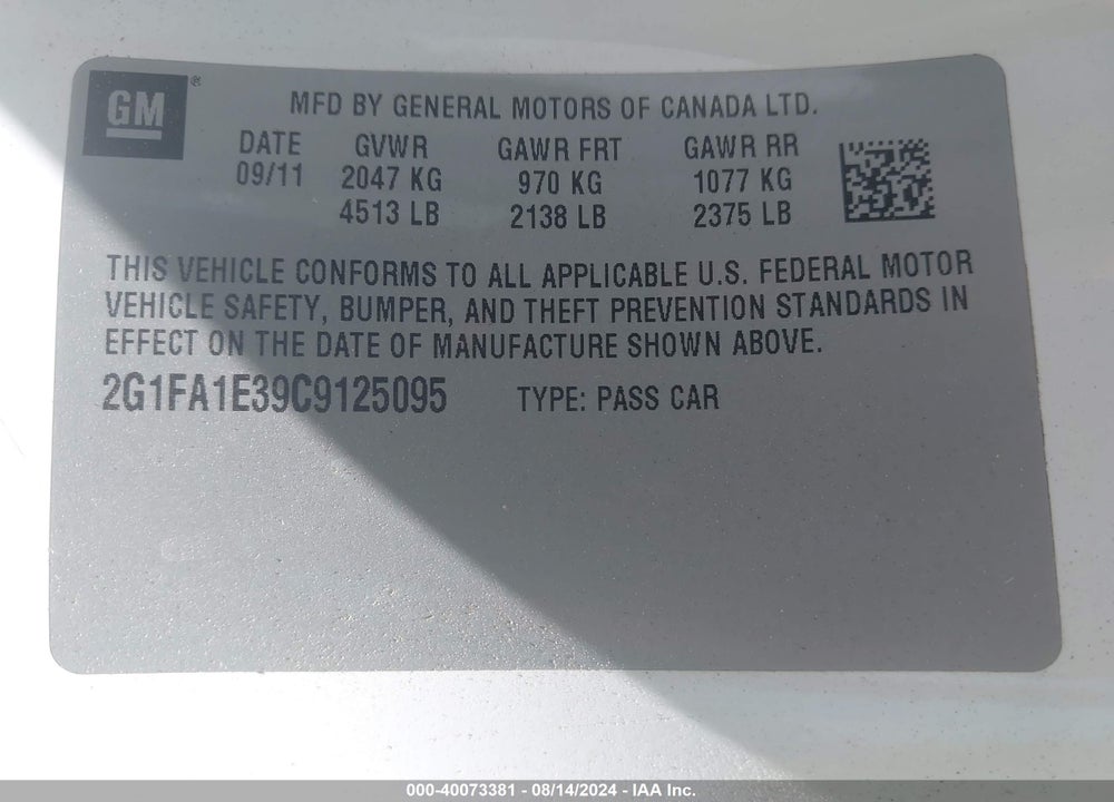 2012 CHEVROLET CAMARO 2LS VIN: 2G1FA1E39C9125095
