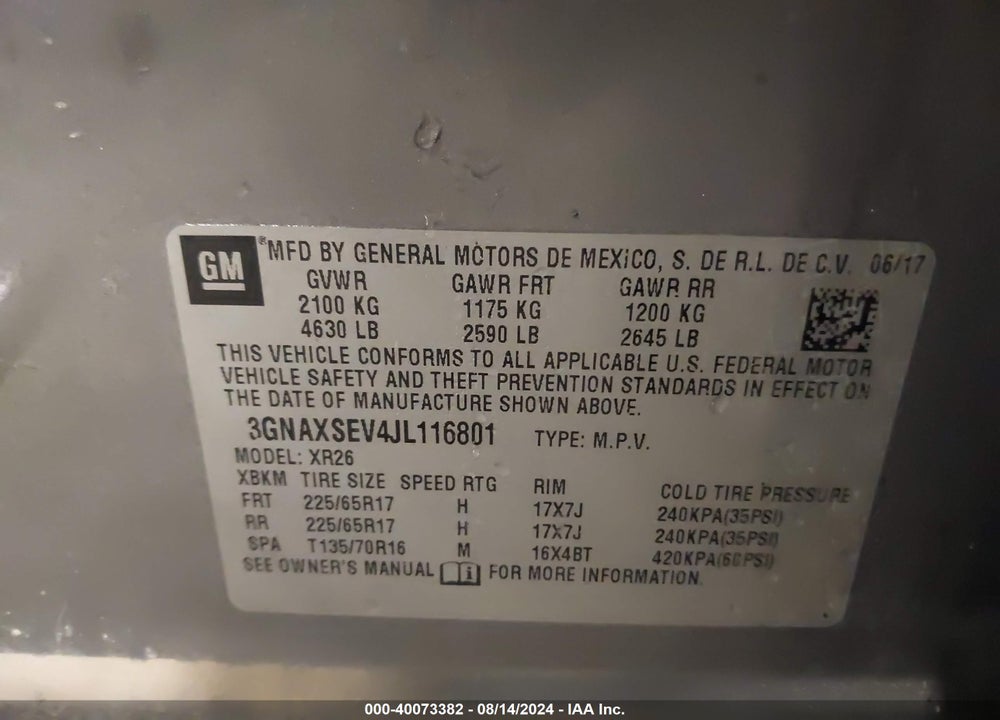2018 CHEVROLET EQUINOX LT VIN: 3GNAXSEV4JL116801