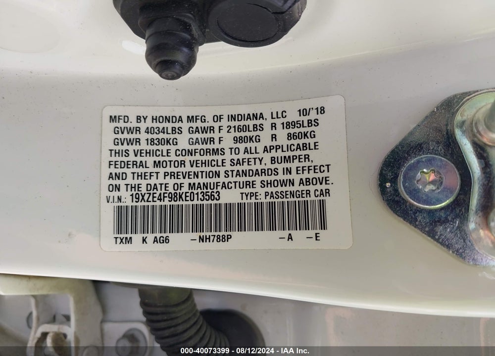 2019 HONDA INSIGHT TOURING VIN: 19XZE4F98KE013563