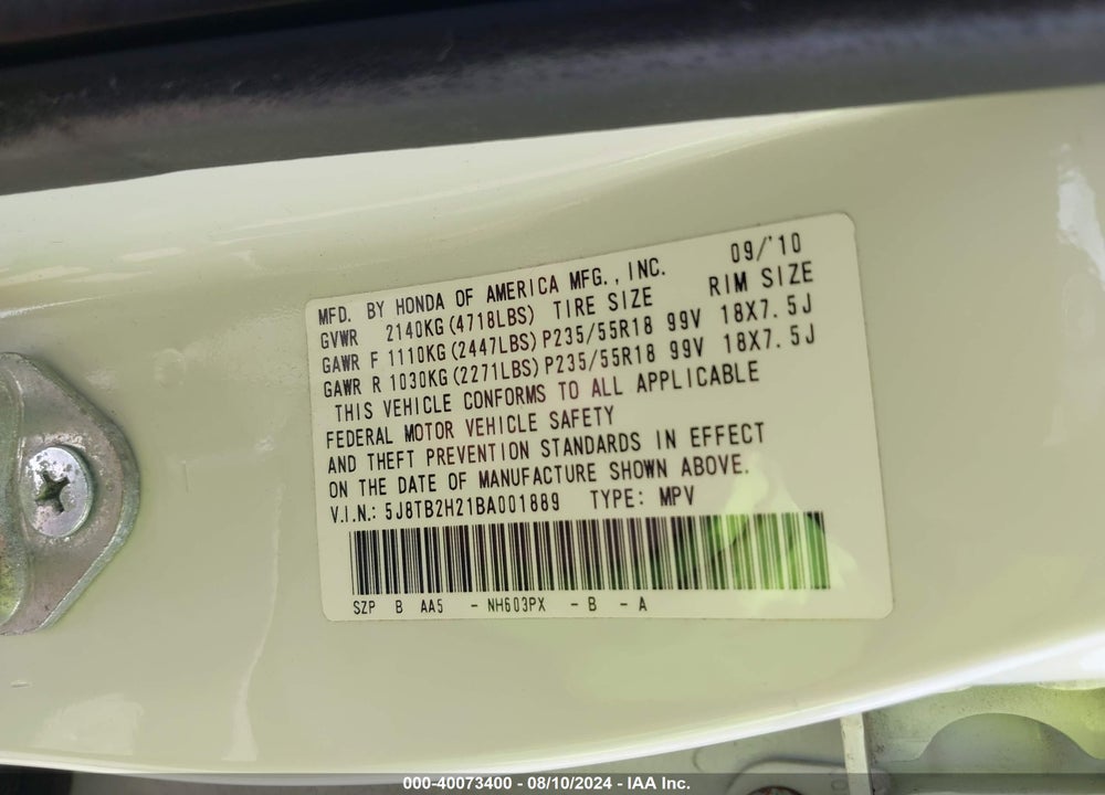 2011 ACURA RDX VIN: 5J8TB2H21BA001889