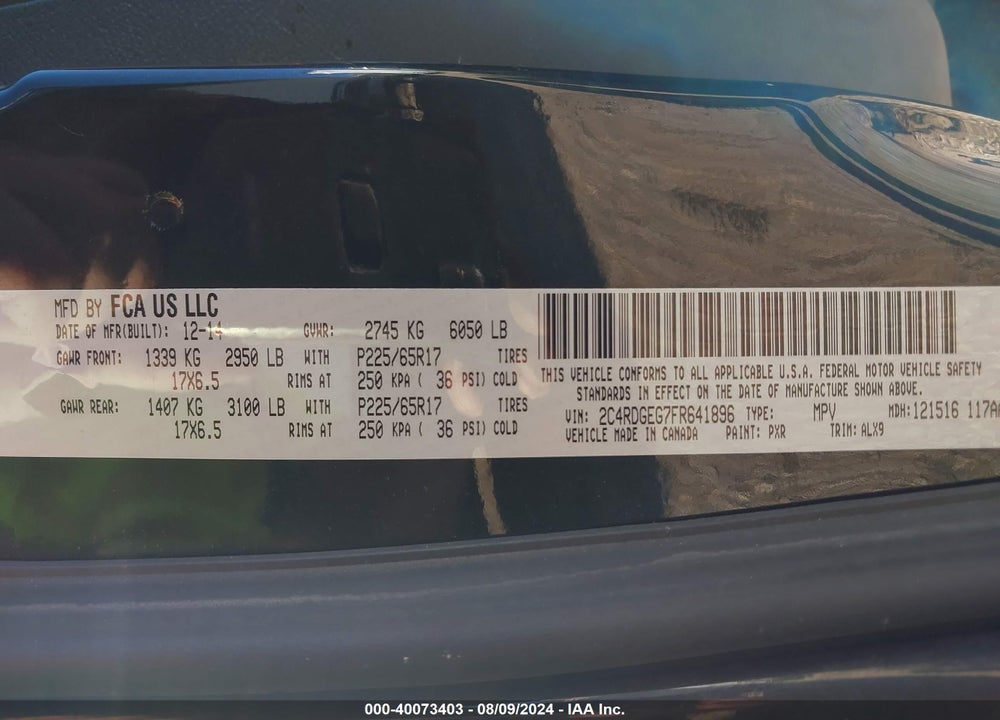 2015 DODGE GRAND CARAVAN R/T VIN: 2C4RDGEG7FR641896