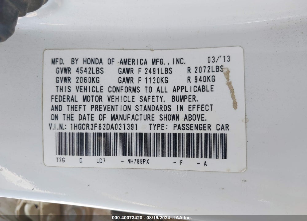 2013 HONDA ACCORD EX-L V-6 VIN: 1HGCR3F83DA031391