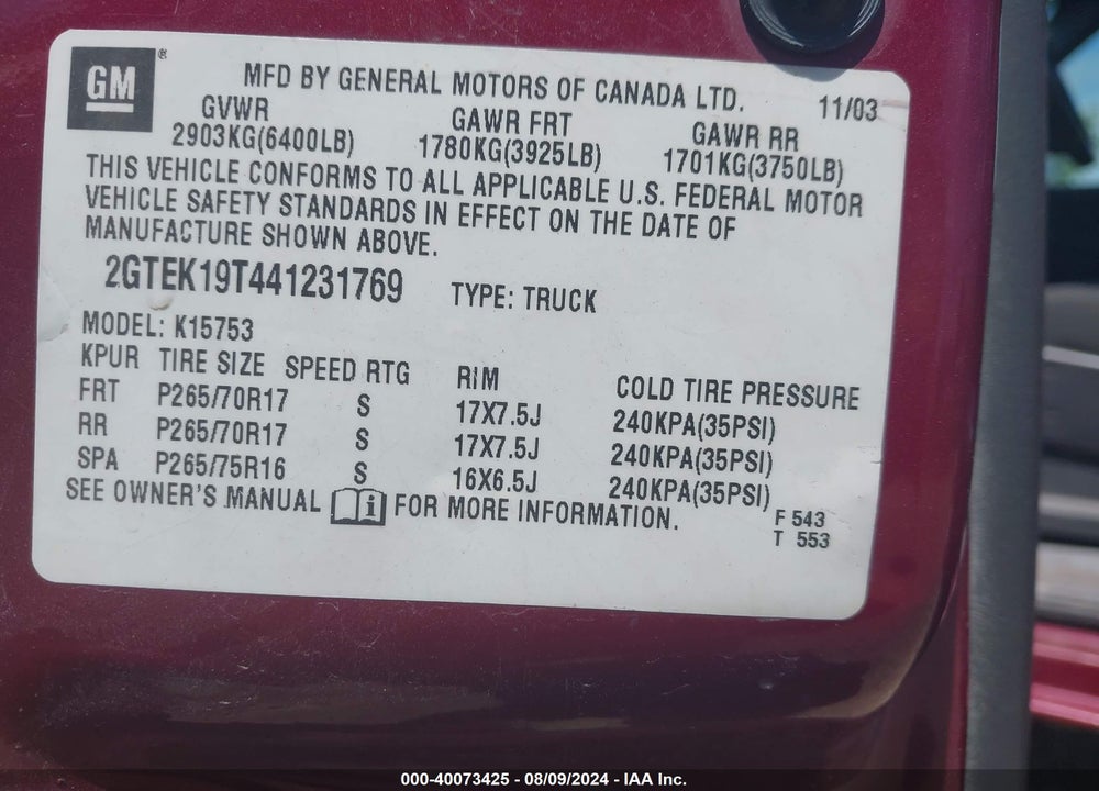 2004 GMC SIERRA 1500 SLE VIN: 2GTEK19T441231769
