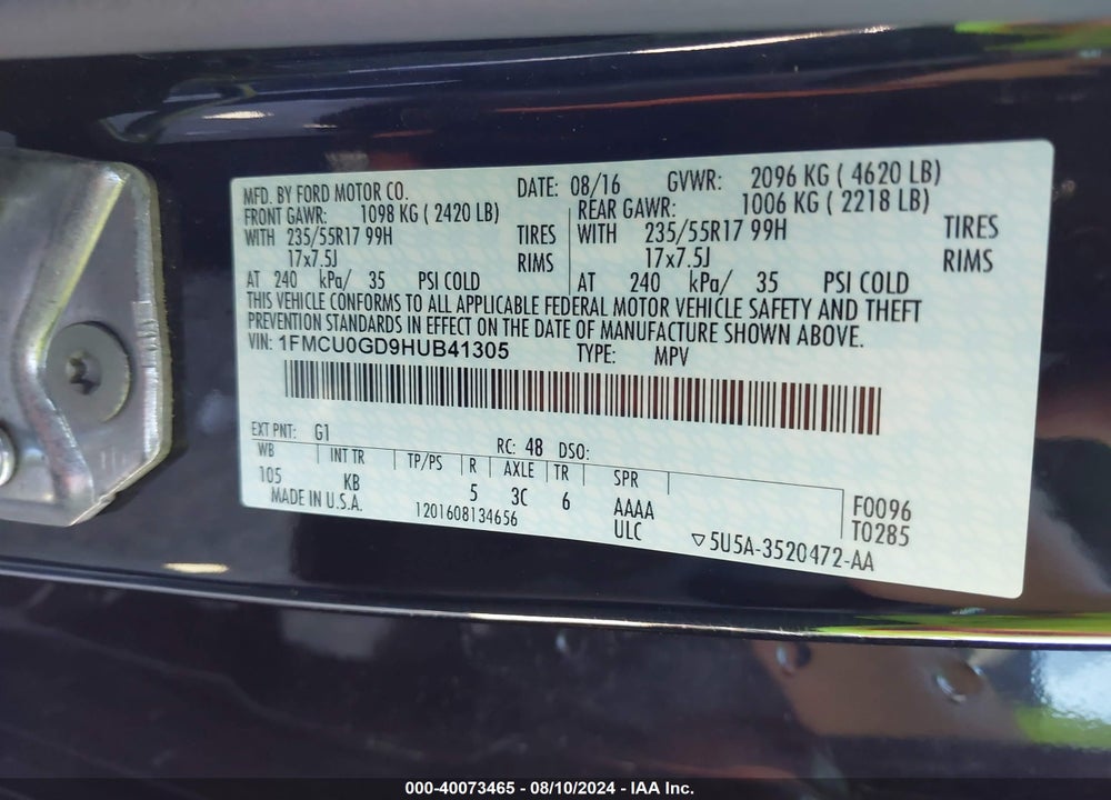 2017 FORD ESCAPE SE VIN: 1FMCU0GD9HUB41305