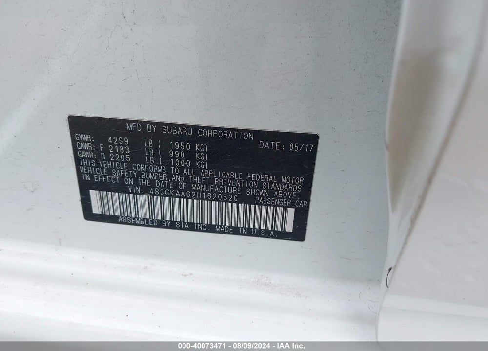 2017 SUBARU IMPREZA 2.0I VIN: 4S3GKAA62H1620520