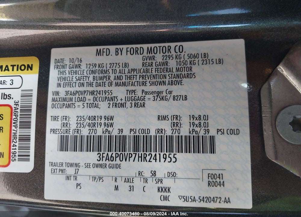 2017 FORD FUSION SPORT VIN: 3FA6P0VP7HR241955