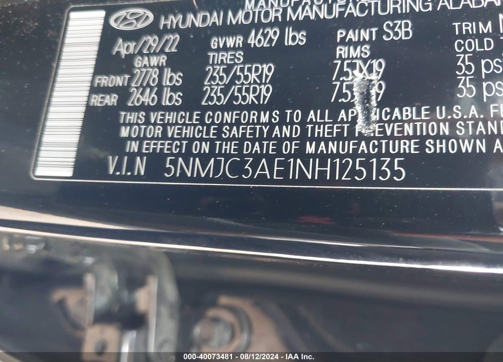2022 HYUNDAI TUCSON SEL VIN: 5NMJC3AE1NH125135