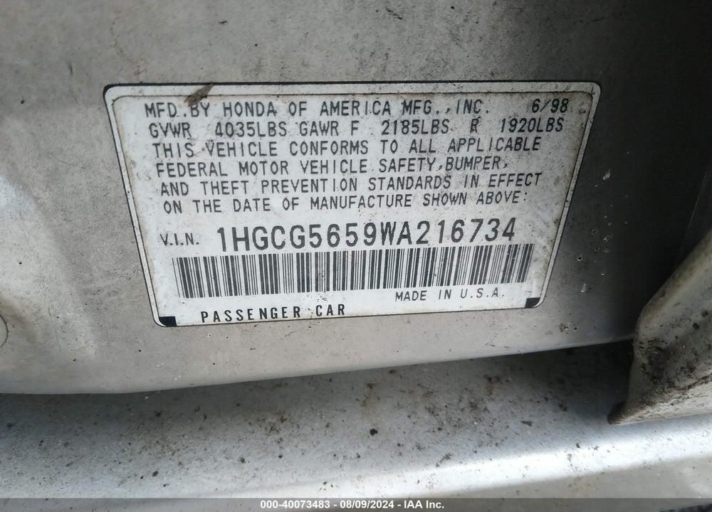 1998 HONDA ACCORD EX VIN: 1HGCG5659WA216734