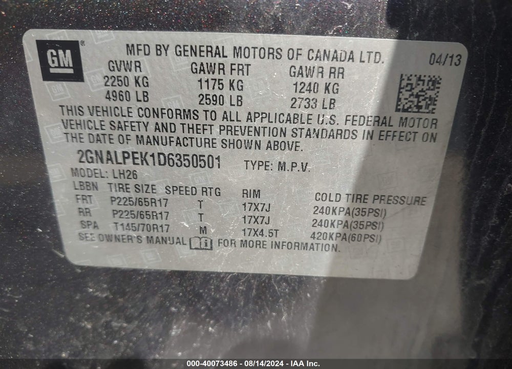 2013 CHEVROLET EQUINOX 2LT VIN: 2GNALPEK1D6350501