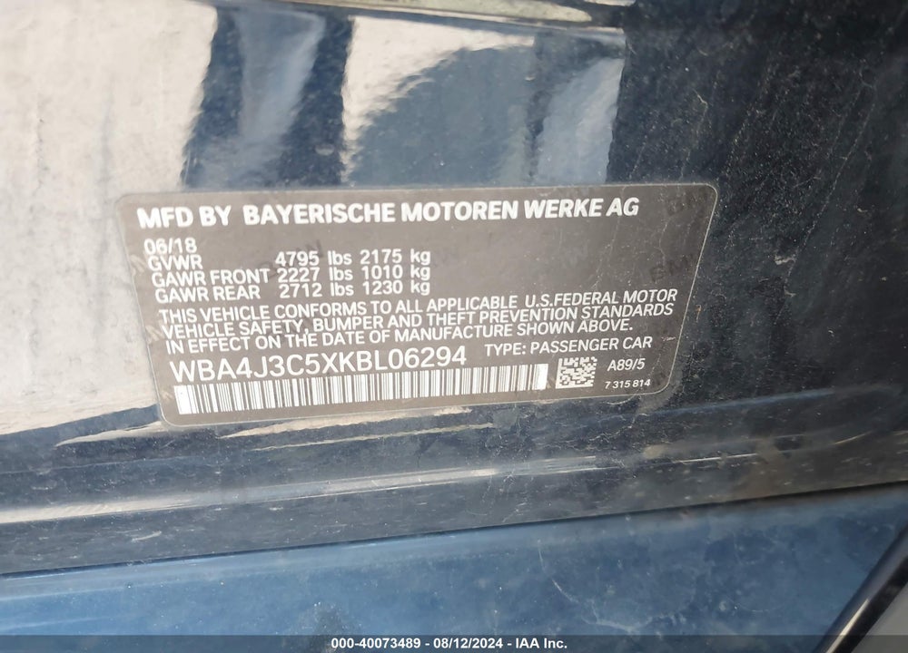 2019 BMW 4 SERIES 430I XDRIVE VIN: WBA4J3C5XKBL06294