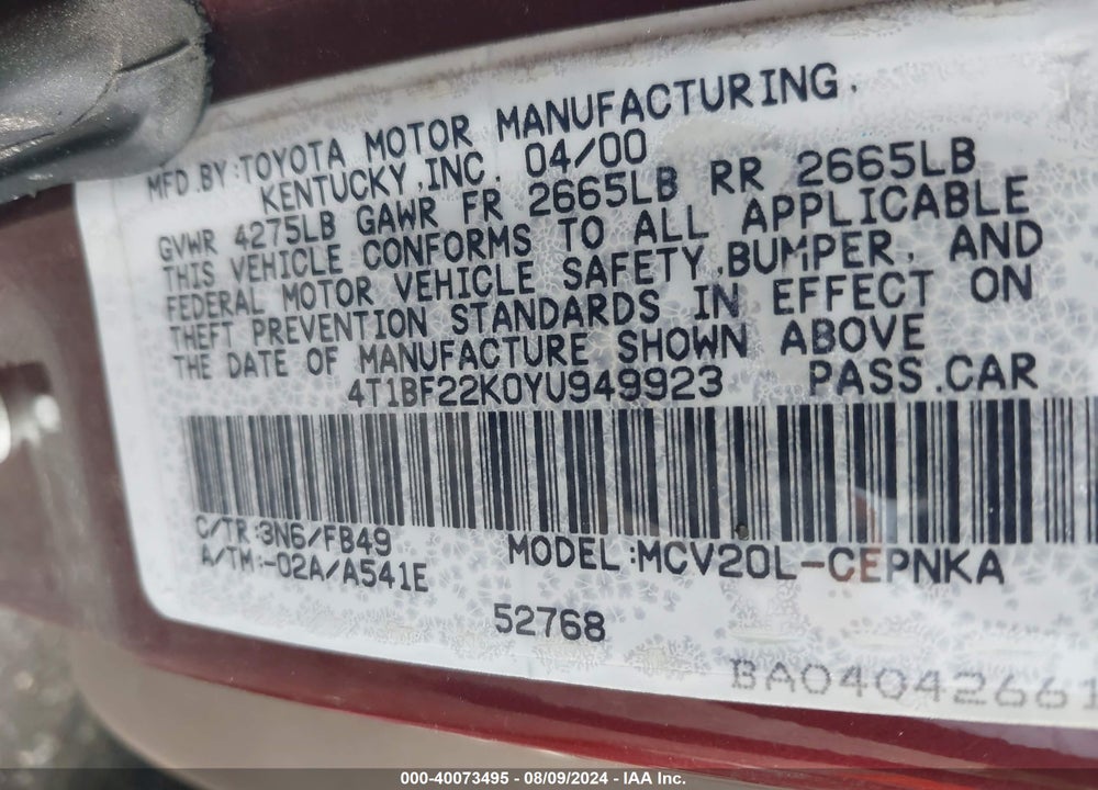 2000 TOYOTA CAMRY LE V6 VIN: 4T1BF22K0YU949923