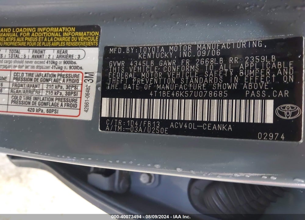 2007 TOYOTA CAMRY LE VIN: 4T1BE46K57U078685