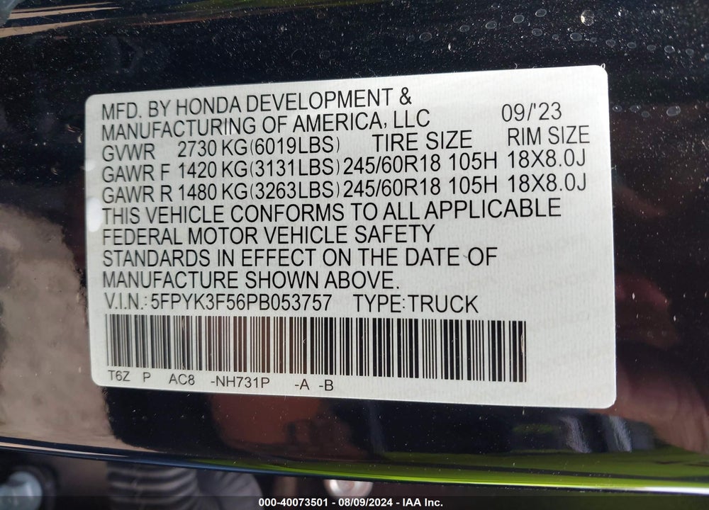 2023 HONDA RIDGELINE VIN: 5FPYK3F56PB053757