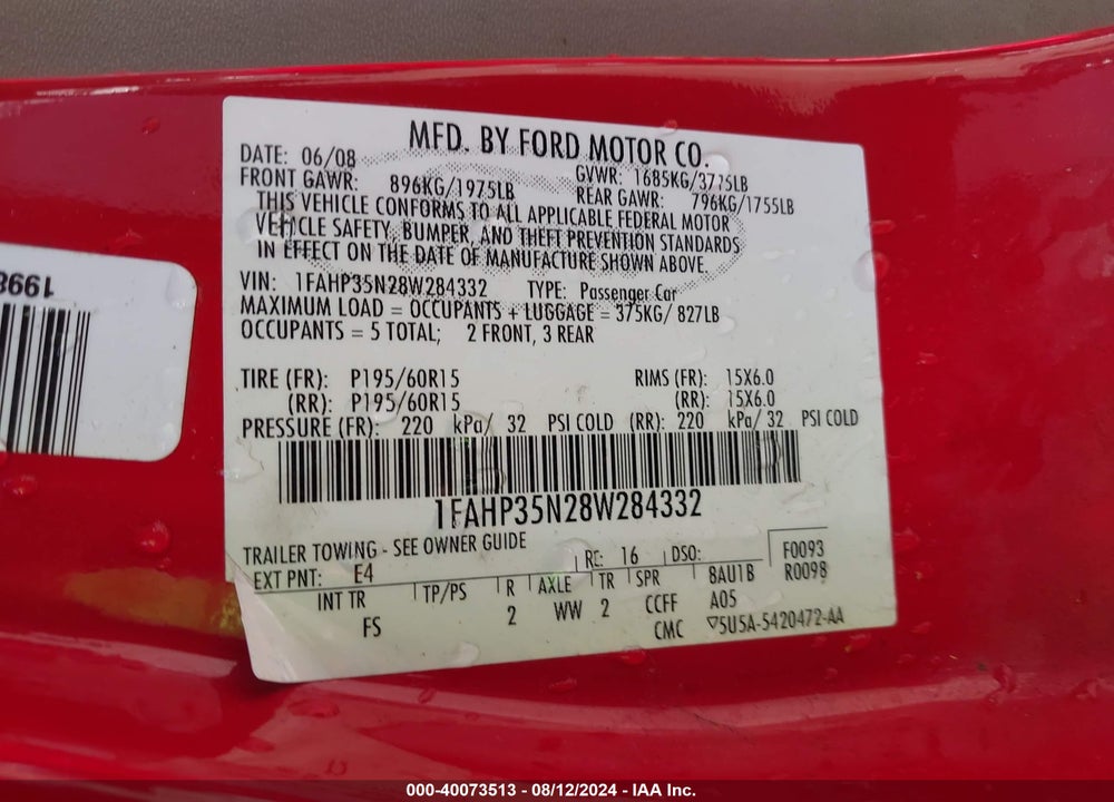 2008 FORD FOCUS SE/SES VIN: 1FAHP35N28W284332