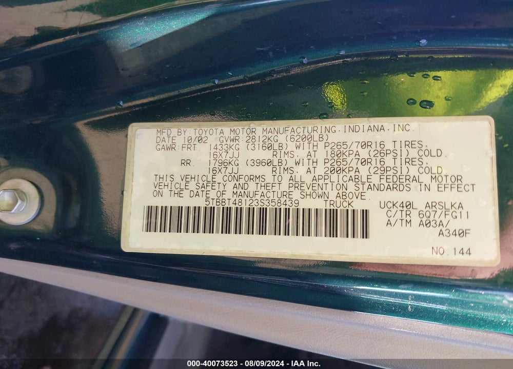 2003 TOYOTA TUNDRA VIN: 5TBBT48123S358439