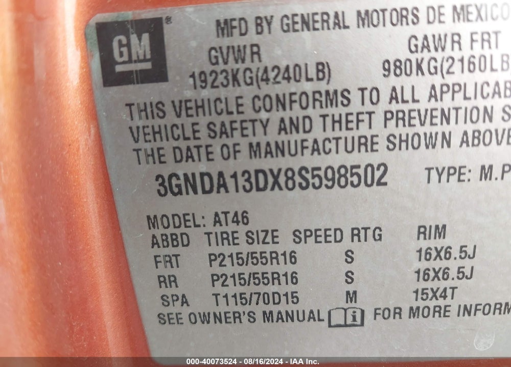 2008 CHEVROLET HHR LS VIN: 3GNDA13DX8S598502