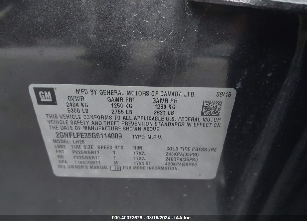 2016 CHEVROLET EQUINOX LT VIN: 2GNFLFE35G6114009