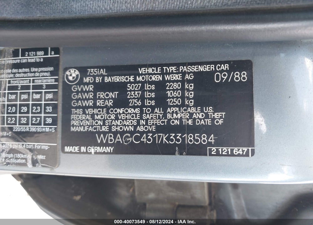 1989 BMW 735 IL VIN: WBAGC4317K3318584