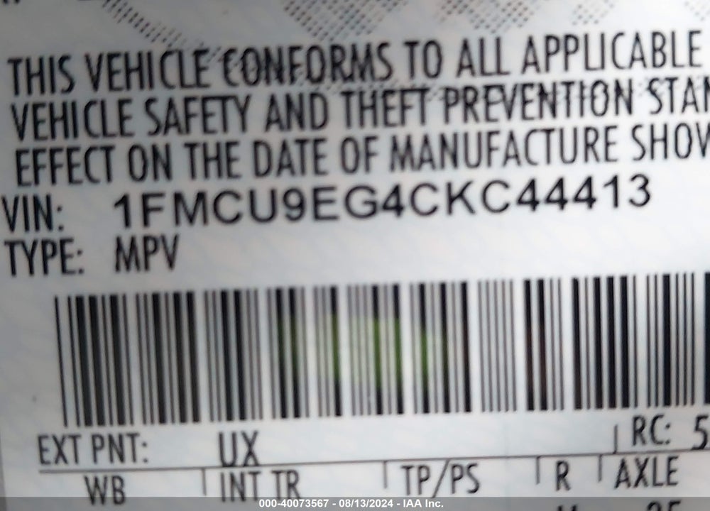 2012 FORD ESCAPE LIMITED VIN: 1FMCU9EG4CKC44413