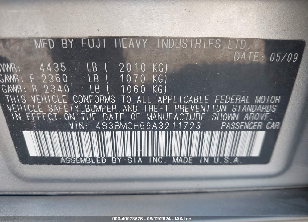 2010 SUBARU LEGACY 2.5I PREMIUM VIN: 4S3BMCH69A3211723