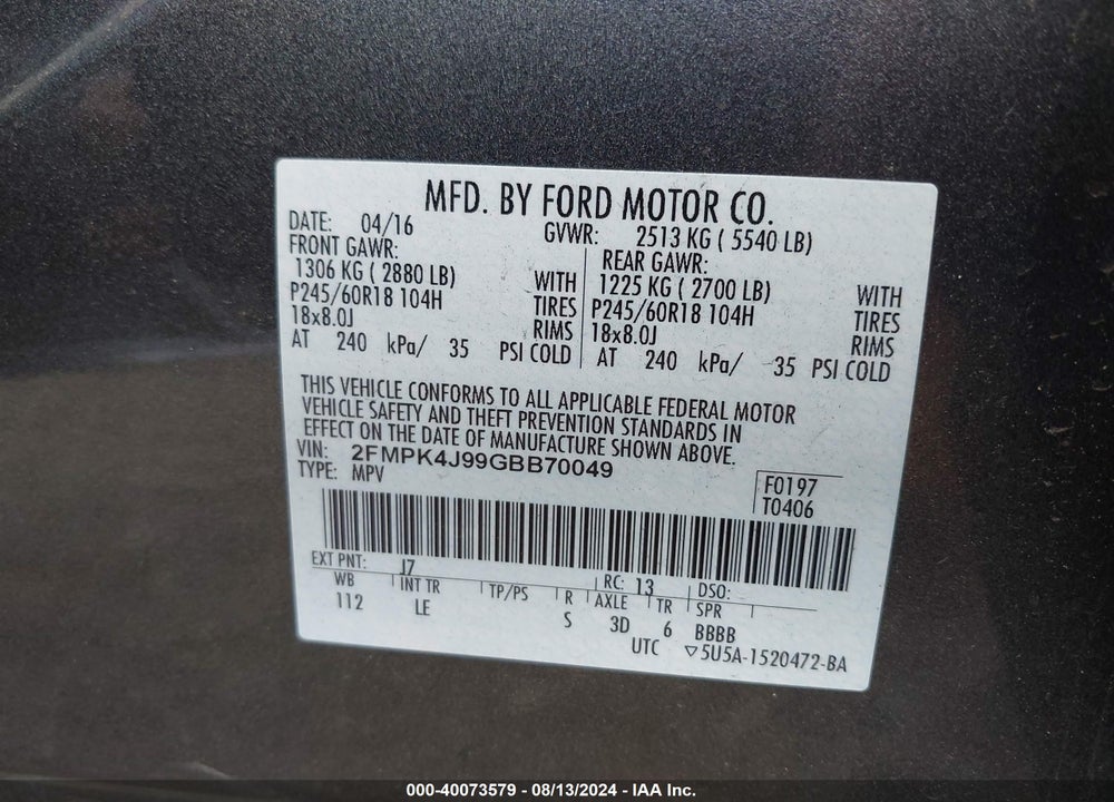 2016 FORD EDGE SEL VIN: 2FMPK4J99GBB70049