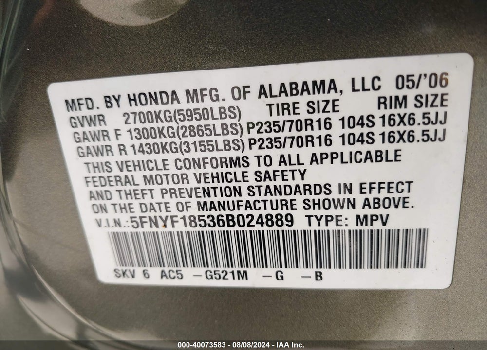 2006 HONDA PILOT EX-L VIN: 5FNYF18536B024889