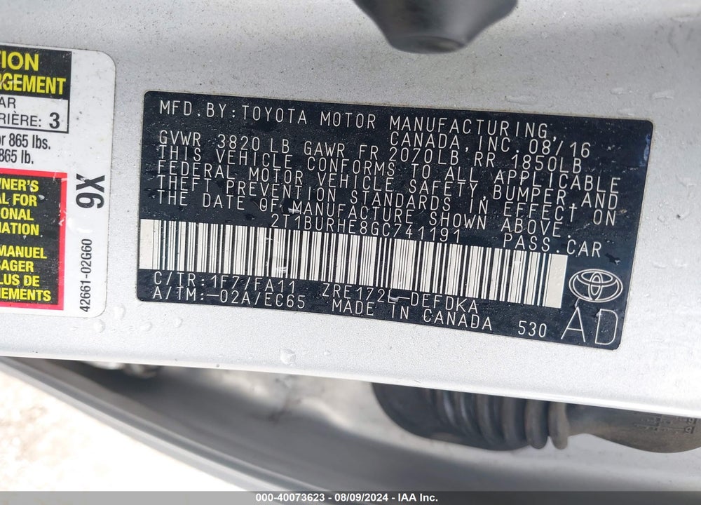 2016 TOYOTA COROLLA L VIN: 2T1BURHE8GC741191