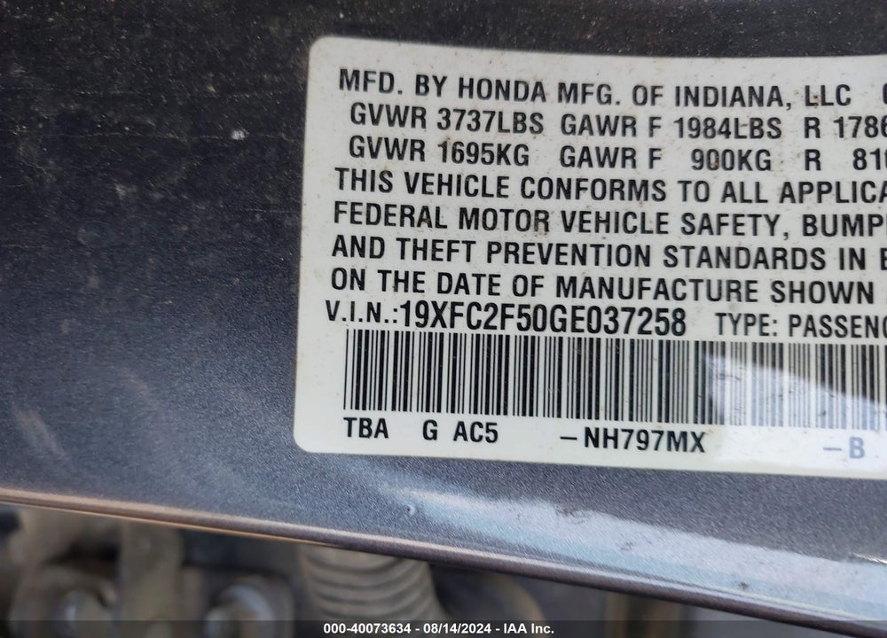 2016 HONDA CIVIC LX VIN: 19XFC2F50GE037258
