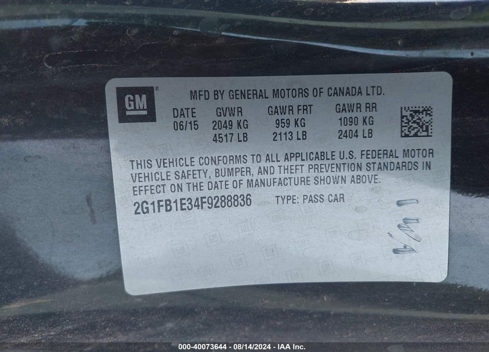 2015 CHEVROLET CAMARO 2LS VIN: 2G1FB1E34F9288836