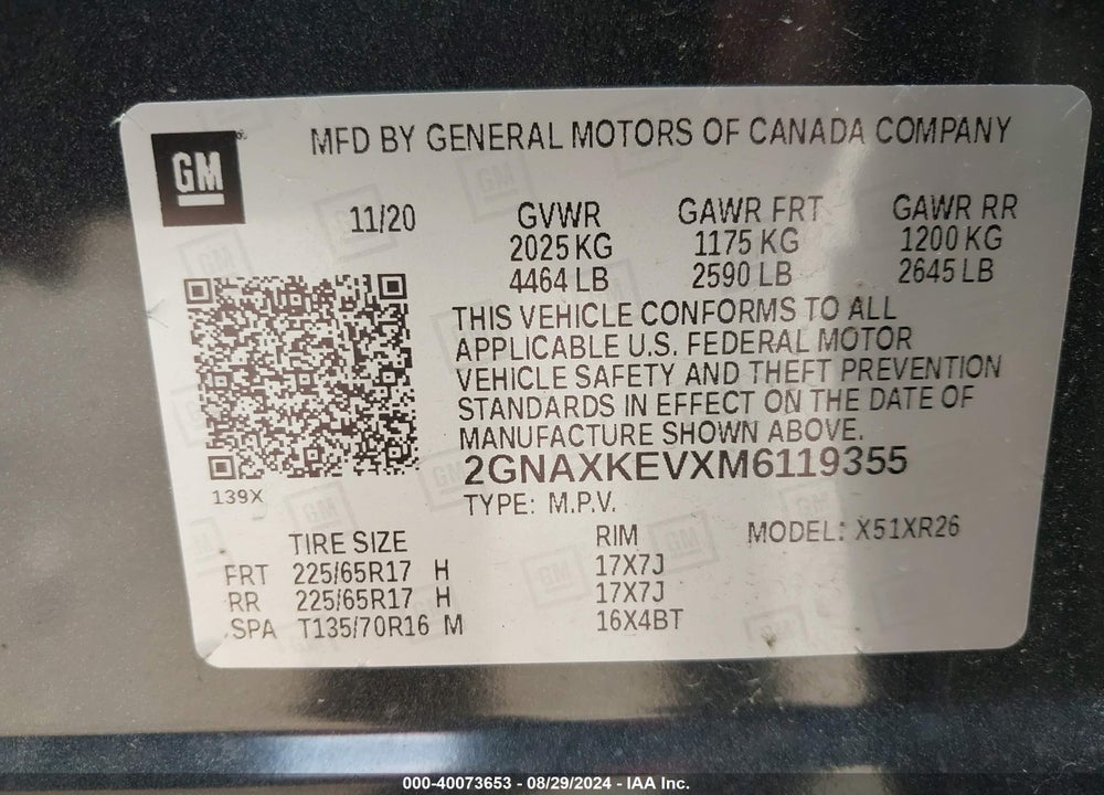 2021 CHEVROLET EQUINOX FWD LT VIN: 2GNAXKEVXM6119355