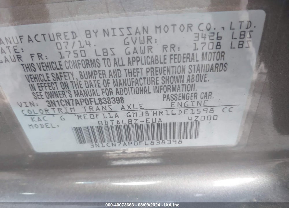 2015 NISSAN VERSA 1.6 SV VIN: 3N1CN7AP0FL838398
