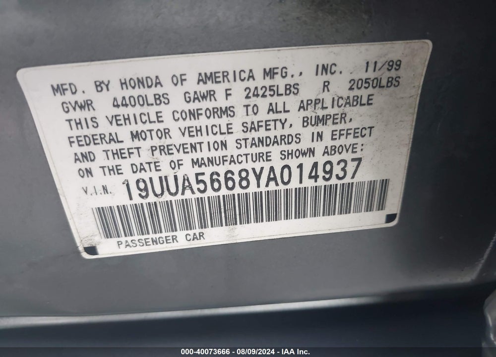 2000 ACURA TL 3.2 VIN: 19UUA5668YA014937