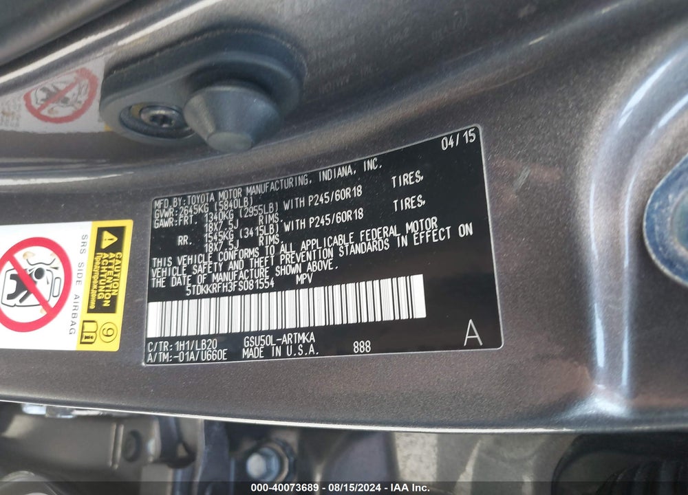 2015 TOYOTA HIGHLANDER XLE V6 VIN: 5TDKKRFH3FS081554