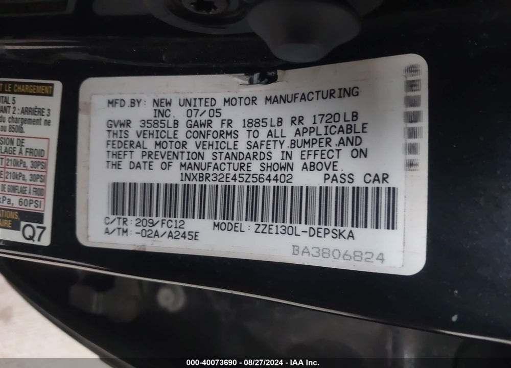 2005 TOYOTA COROLLA S VIN: 1NXBR32E45Z564402