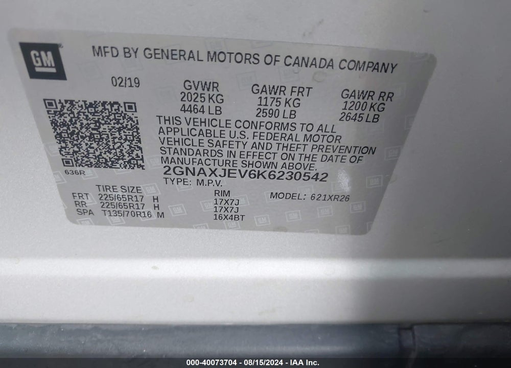 2019 CHEVROLET EQUINOX LT VIN: 2GNAXJEV6K6230542