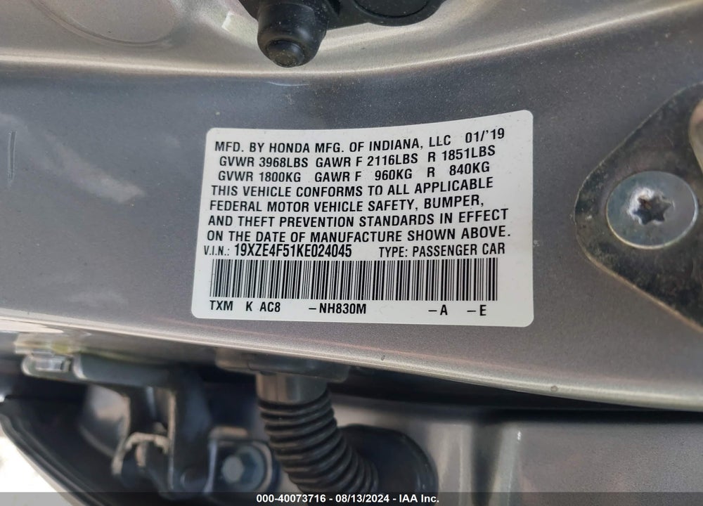 2019 HONDA INSIGHT EX VIN: 19XZE4F51KE024045